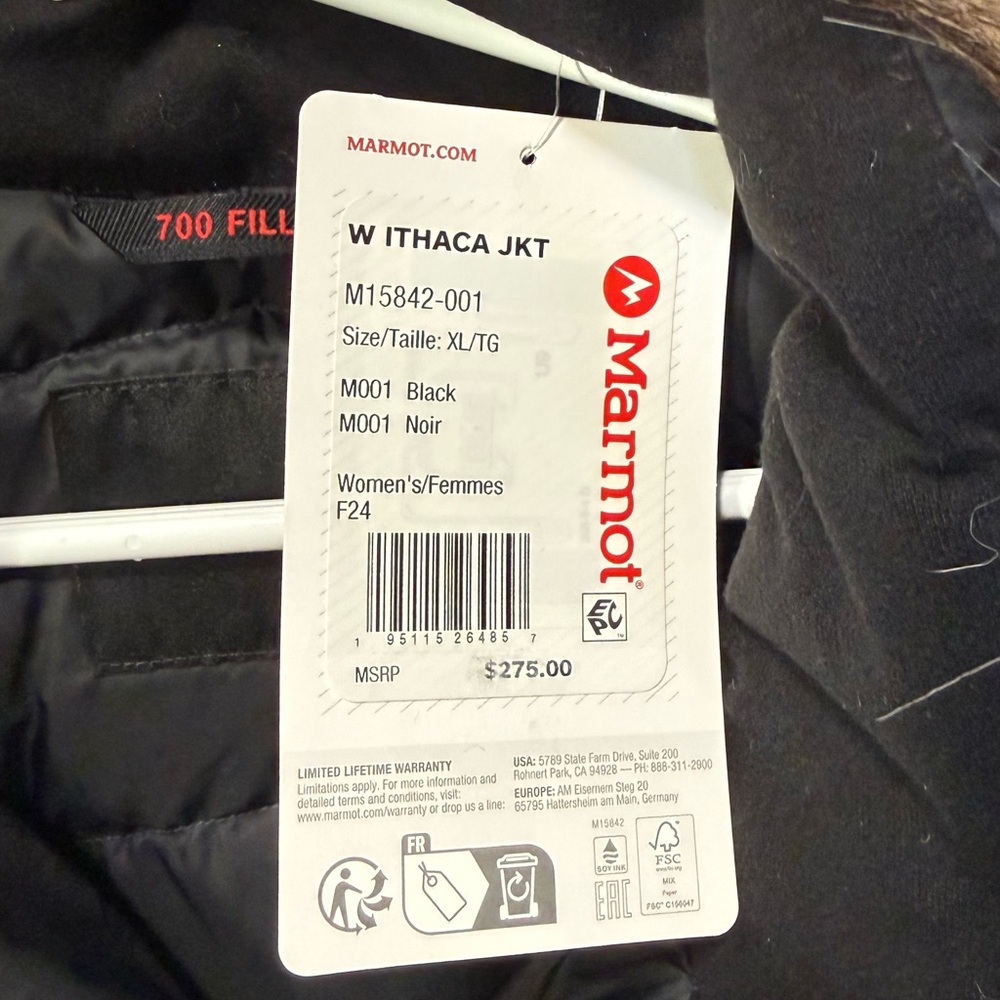 Marmot Black Quilted Jacket with Faux Fur Trim XL - Picture 3 of 8